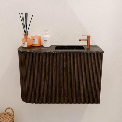 Mondiaz JOYA-DLUX 61.6cm toiletmeubel - ronding links kleur Walnut - Wastafel FAYE positie Rechts 1 kraangat kleur Lava.