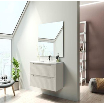 Saniclass Prime Balance Ensemble meuble de salle de bains - 60x55x45cm - 1 vasque rectangulaire en céramique blanche - 1 trou de robinet - 2 tiroirs - miroir rectangulaire - mat cotton (beige)