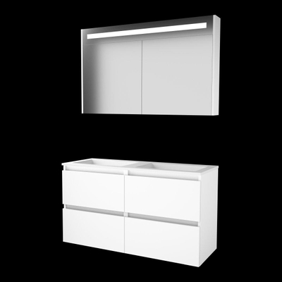 Basic-Line Premium 46 ensemble de meubles de salle de bain 120x46cm sans poignée 4 tiroirs lavabo acrylique 0 trous de robinetterie armoire de toilette éclairage led intégré mdf laqué blanc glacier