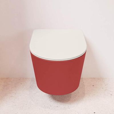 Mondiaz LAVIE hangtoilet – spoelrandloos – 36 x 53 cm – met softclose zitting – Fire (rood), zitting Linen (offwhite)