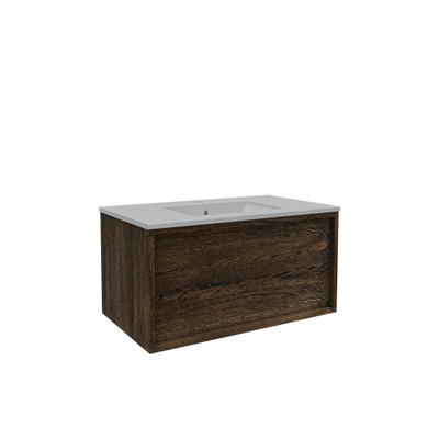 Saniclass Holz Frame Ensemble meuble de salle de bains - 80x45x42cm - lavabo Vygo en céramique - 1 vasque - 1 trou de robinetterie - avec trop-plein - 1 tiroir - chêne charcoal mat (bois)