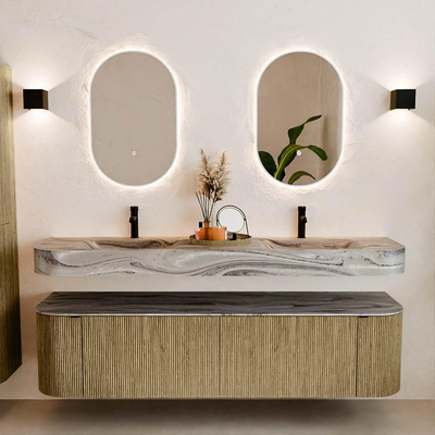 MONDIAZ THOR-DLUX 180cm meuble de salle de bains arrondi gauche + droite couleur Dusk avec 2 tiroirs et 2 portes. Vasque suspendue CLOUD Double 2 trous de robinet couleur Sombra.