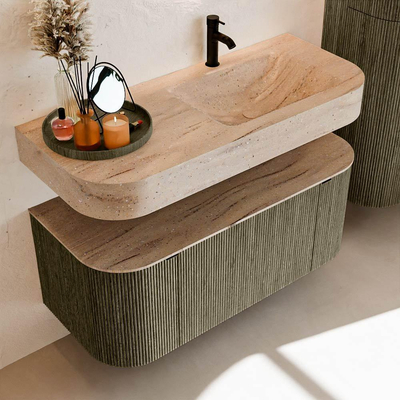 MONDIAZ THOR-DLUX 110cm meuble de salle de bains arrondi gauche + droite couleur Shadow avec 1 tiroir et 2 portes. Vasque suspendue CLOUD Droite 1 trou de robinet couleur Saba.