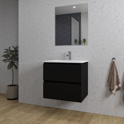 Saniclass Chaci Meuble de salle de bain - 60x46x55cm - lavabo en céramique blanc - 1 vasque - 1 trou de robinet - 2 tiroirs - miroir rectangulaire - noir mat