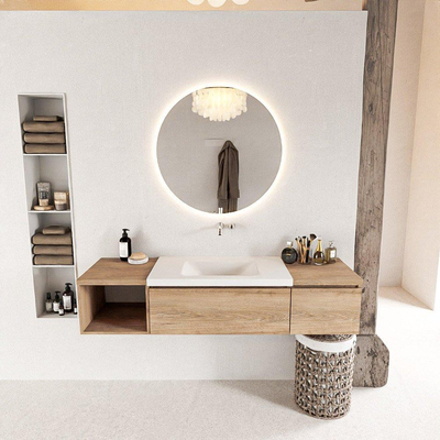 MONDIAZ BUKLA 160cm meuble de salle de bain avec module ouvert 40 gauche couleur Chêne blanchi avec 2 tiroirs. Lavabo CLOUD centre 0 trous de robinet couleur Talc.