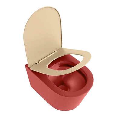 Mondiaz LAVIE hangtoilet – spoelrandloos – 36 x 53 cm – met softclose zitting – Fire (rood), zitting Sand (beige)