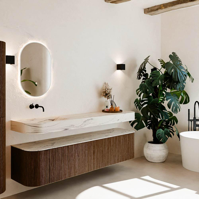 MONDIAZ THOR-DLUX 190cm meuble de salle de bains arrondi gauche + droite couleur Walnut avec 2 tiroirs et 2 portes. Vasque suspendue CLOUD Gauche sans trou de robinet couleur Nata.