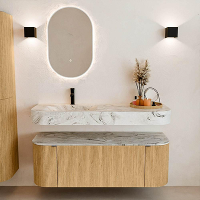 MONDIAZ THOR-DLUX 130cm meuble de salle de bains arrondi gauche + droite couleur Oak avec 1 tiroir et 2 portes. Vasque suspendue CLOUD Gauche 1 trou de robinet couleur Glace.