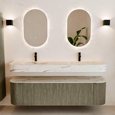 MONDIAZ THOR-DLUX 170cm meuble de salle de bains arrondi gauche + droite couleur Shadow avec 1 tiroir et 2 portes. Vasque suspendue CLOUD Double 2 trous de robinet couleur Nata.