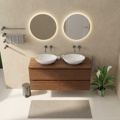 Saniclass Holz Pure Ensemble de meubles de salle de bains - 140x45x63cm - plan de travail en pierre naturelle travertin - sans trou de robinet - 4 tiroirs - walnut pure mat (bois)