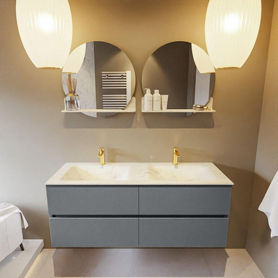 Mondiaz VICA-DLUX ensemble de meuble de salle de bain - 130cm - meuble sous-vasque plata - 4 tiroirs - lavabo encastré cloud double - 2 trous de robinet - version haute de 60cm - opalo