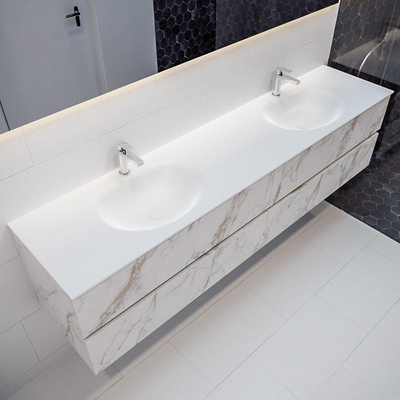 Mondiaz VICA ensemble de meuble de salle de bain - 200cm - meuble sous-vasque carrara - 4 tiroirs - lavabo moon double - 2 trous de robinet - miroir LED - version XL 60cm de haut