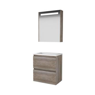 Basic-Line Premium 39 ensemble de meubles de salle de bain 60x39cm sans poignée 2 tiroirs lavabo acrylique 1 trou de robinetterie armoire de toilette éclairage led intégré mfc scotch oak