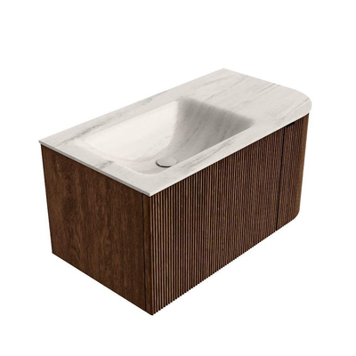 MONDIAZ KURVE-DLUX 85cm badmeubel ronding Rechts kleur Walnut met 1 lade en 1 deur. Wastafel CLOUD Links 1 kraangat Meli.