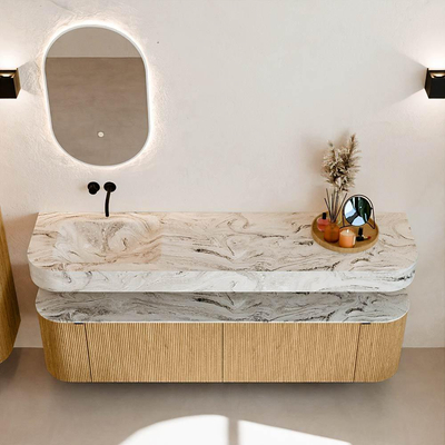 MONDIAZ THOR-DLUX 180cm badmeubel ronding links + rechts kleur Oak met 2 lades en 2 deuren. Vrijhangende wastafel CLOUD Links zonder kraangat kleur Glace.