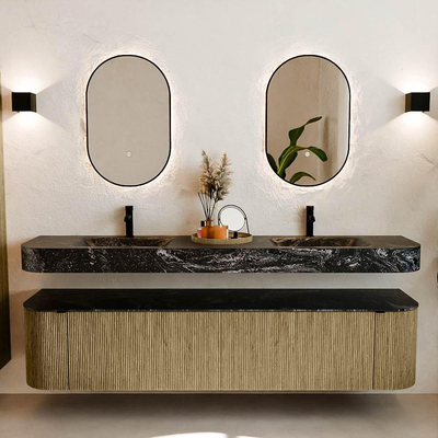 MONDIAZ THOR-DLUX Meuble de salle de bains - 200cm - arrondi gauche + droite - couleur Dusk - 2 tiroirs et 2 portes - Vasque suspendue CLOUD Double 2 trous de robinet - couleur Lava