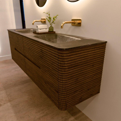 Mondiaz CIRO-DLUX Meuble de salle de bains - 160x45x50cm - Plan vasque solid surface Lava - 2 vasques double - sans trous de robinetterie - 4 tiroirs - Dusk