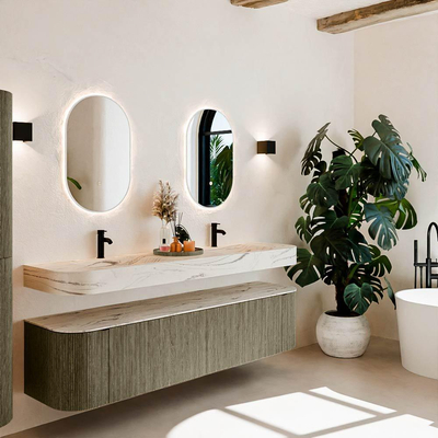 MONDIAZ THOR-DLUX Meuble de salle de bains - 190cm - arrondi gauche + droite - couleur Shadow - 2 tiroirs - 2 portes - Vasque suspendue CLOUD Double 2 trous de robinet - couleur Nata