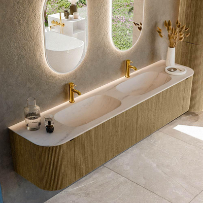 MONDIAZ KURVE-DLUX Meuble de salle de bains 200cm arrondi Gauche + Droite couleur Dusk avec 2 tiroirs et 2 portes. Plan-vasque STOR SMALL Double 2 trous de robinetterie Meli.