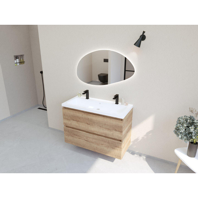 HR Infinity XXL ensemble de meubles de salle de bain 3d 100 cm 1 lavabo en céramique djazz blanc 2 trous de robinet 2 tiroirs chêne français