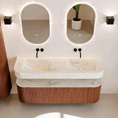 MONDIAZ THOR-DLUX 150cm meuble de salle de bains arrondi gauche + droite couleur Ruby avec 1 tiroir et 2 portes. Vasque suspendue CLOUD Double sans trou de robinet couleur Ostra.