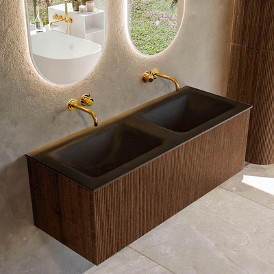 MONDIAZ KURVE 120cm badmeubel kleur Walnut met 1 lade. Wastafel CLOUD dubbel zonder kraangat Urban.