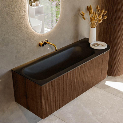 MONDIAZ KURVE 125cm badmeubel met module 25 R kleur Walnut met 1 lade en 1 deur. Wastafel BIG MEDIUM links zonder kraangat Urban.