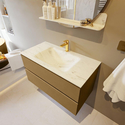 Mondiaz VICA-DLUX ensemble de meuble de salle de bain - 90cm - meuble sous-vasque oro - 2 tiroirs - lavabo encastré cloud milieu - 1 trou de robinet - version haute de 60cm - opalo