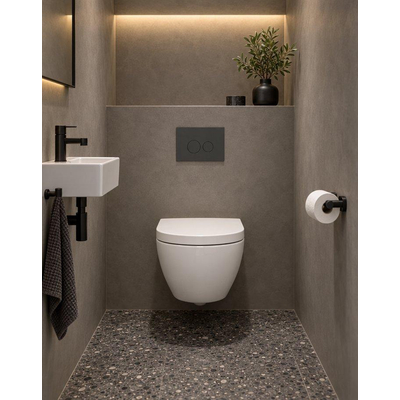 QeramiQ Dely Swirl Compact Ensemble WC - réservoir encastré QeramiQ flush - abattant 25 mm - plaque de commande en plastique anthracite mat - boutons ronds - blanc brillant