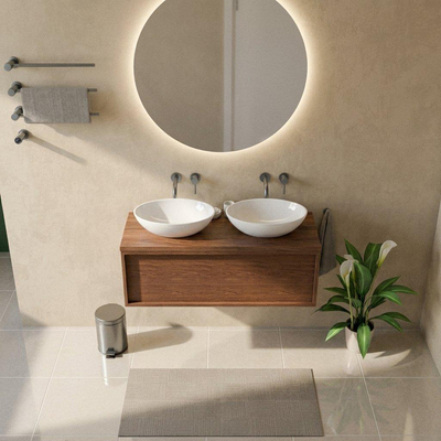 Saniclass Holz Frame Ensemble meuble de salle de bains - 120x45x43cm - Plan de travail en pierre naturelle travertin - sans trou de robinetterie - 1 tiroir - noyer pure mat (bois)