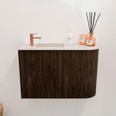 Mondiaz JOYA-DLUX 61.6cm toiletmeubel - ronding rechts kleur Walnut - Wastafel FAYE positie Links 1 kraangat kleur Meli.