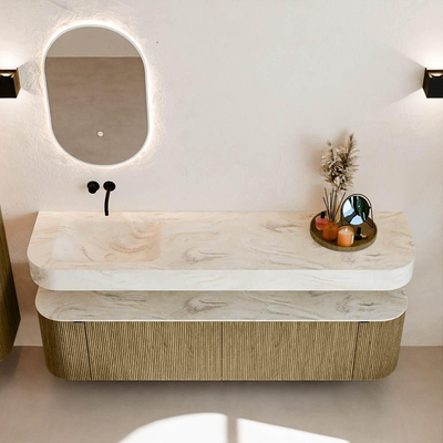 MONDIAZ THOR-DLUX Meuble de salle de bains 180cm arrondi gauche + droite couleur Dusk avec 2 tiroirs et 2 portes. Vasque suspendue CLOUD Gauche sans trou de robinet couleur Ostra.