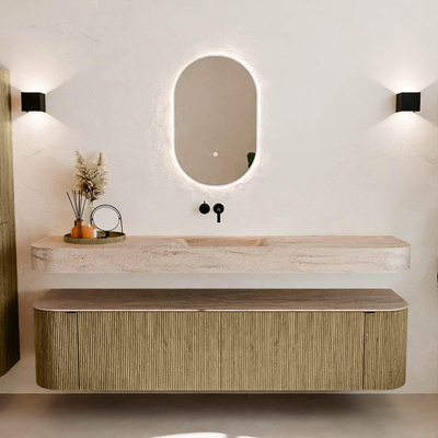 MONDIAZ THOR-DLUX Meuble de salle de bains 190cm arrondi gauche + droite couleur Dusk avec 2 tiroirs et 2 portes. Vasque suspendue CLOUD Milieu sans trou de robinet couleur Saba.