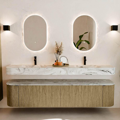 MONDIAZ THOR-DLUX 200cm meuble de salle de bains arrondi gauche + droite couleur Dusk avec 2 tiroirs et 2 portes. Vasque suspendue CLOUD Double 2 trous de robinet couleur Glace.