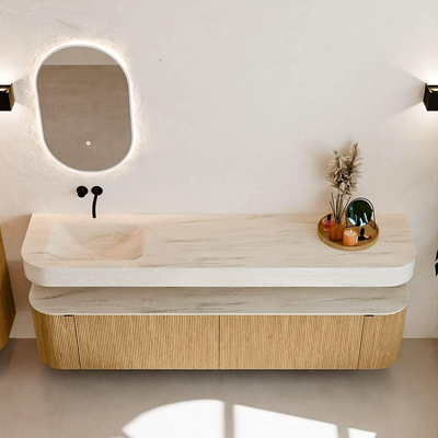 MONDIAZ THOR-DLUX 200cm meuble de salle de bains arrondi gauche + droite couleur Oak avec 2 tiroirs et 2 portes. Vasque suspendue CLOUD Gauche sans trou de robinet couleur Meli.