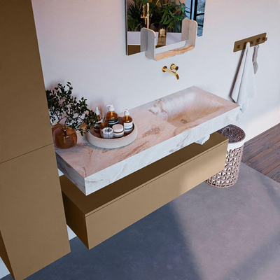 Mondiaz ALAN-DLUX Ensemble de meuble - 130cm - meuble Oro mat - 1 tiroir - Lavabo Cloud Frappe suspendu - vasque Droite - 0 trous de robinet