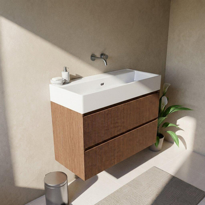 Saniclass Holz Atelier Ensemble meuble de salle de bains - 100x45x72cm - lavabo Legend en céramique blanc - 1 vasque - sans trou de robinet - 2 tiroirs - noyer pur mat (bois)