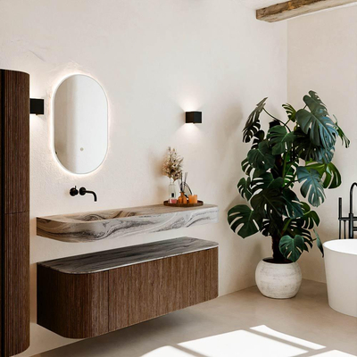 MONDIAZ THOR-DLUX 140cm meuble de salle de bains arrondi gauche + droite couleur Walnut avec 1 tiroir et 2 portes. Vasque suspendue CLOUD Gauche sans trou de robinet couleur Sombra.