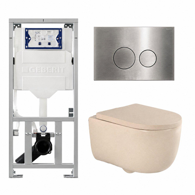 QeramiQ Dely Swirl Toiletset - 36.3x51.7cm - Geberit UP320 inbouwreservoir - met Burda frame - 35mm zitting - steel bedieningsplaat - ronde knoppen - mat beige
