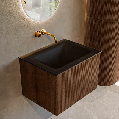 MONDIAZ KURVE 60cm badmeubel kleur Walnut met 1 lade. Wastafel CLOUD midden zonder kraangat Urban.