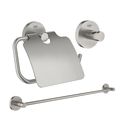 GROHE Essentials accessoireset 3-delig met handdoekhouder, handdoekhaak en toiletrolhouder met klep super steel