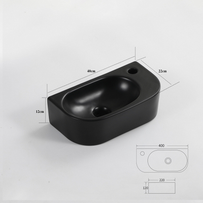 QeramiQ Pure Lave-mains - 40x22x12cm - Droite - Lisse - semi-circulaire - 1 trou de robinet - Céramique - Noir mat