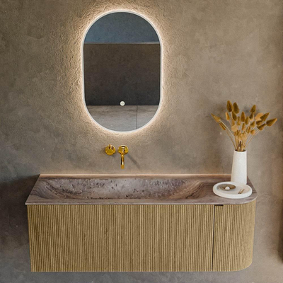 MONDIAZ KURVE-DLUX 125cm meuble de salle de bains courbure droite couleur Dusk avec 1 tiroir et 1 porte. Lavabo BIG MEDIUM gauche sans trou de robinet Oza.