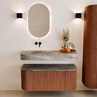 MONDIAZ THOR-DLUX 110cm meuble de salle de bains arrondi gauche + droite couleur Ruby avec 1 tiroir et 2 portes. Vasque suspendue CLOUD Gauche sans trou de robinet couleur Oza.