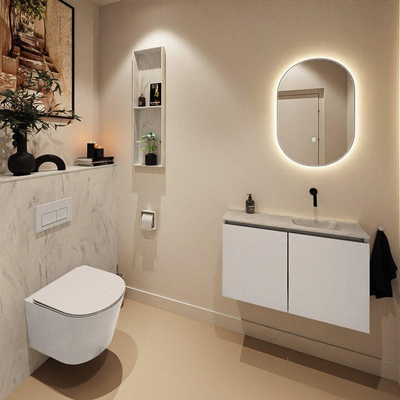 MONDIAZ TURE-DLUX Meuble de toilettes 80 cm Linen. Lavabo EDEN Opalo position droite. Sans trou de robinet.