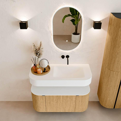 MONDIAZ THOR Meuble de salle de bains 100cm arrondi gauche + droite couleur Oak avec 1 tiroir et 2 portes. Vasque suspendue CLOUD Droite sans trou de robinet couleur Talc.