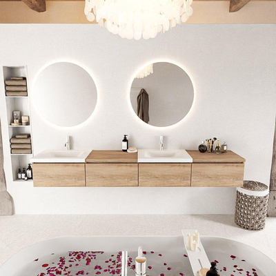 MONDIAZ BUKLA 240cm ensemble de meuble avec module 60 à droite couleur Chêne blanchi avec 4 tiroirs. Lavabo CLOUD double 2 trous de robinet couleur Talc.