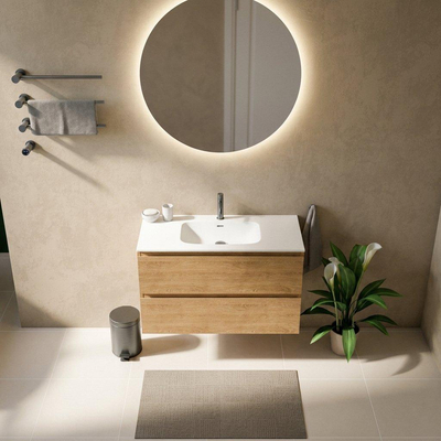 Saniclass Holz Pure Ensemble meuble de salle de bains - 100x45x61.5cm - Flow lavabo en solid surface blanc - 1 vasque - 1 trou de robinetterie - 2 tiroirs - chêne natural mat (bois)