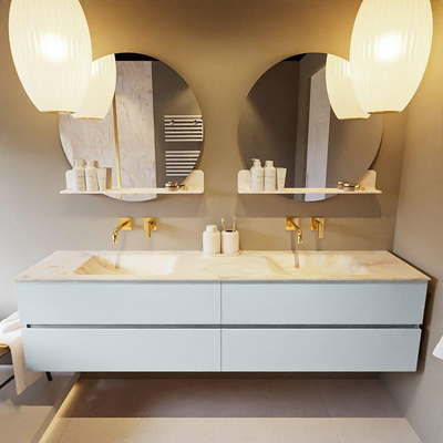 Mondiaz VICA-DLUX ensemble de meuble de salle de bain - 200cm - meuble sous-vasque argile - 4 tiroirs - lavabo encastré nuage double - sans trous de robinet - version haute de 60cm - ostra