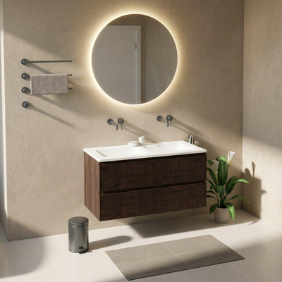 Saniclass Holz Atelier Ensemble meuble de salle de bains - 120x45x77.5cm - lavabo Torino solid surface blanc - sans trou de robinetterie - 2 tiroirs - chêne charcoal mat (bois)